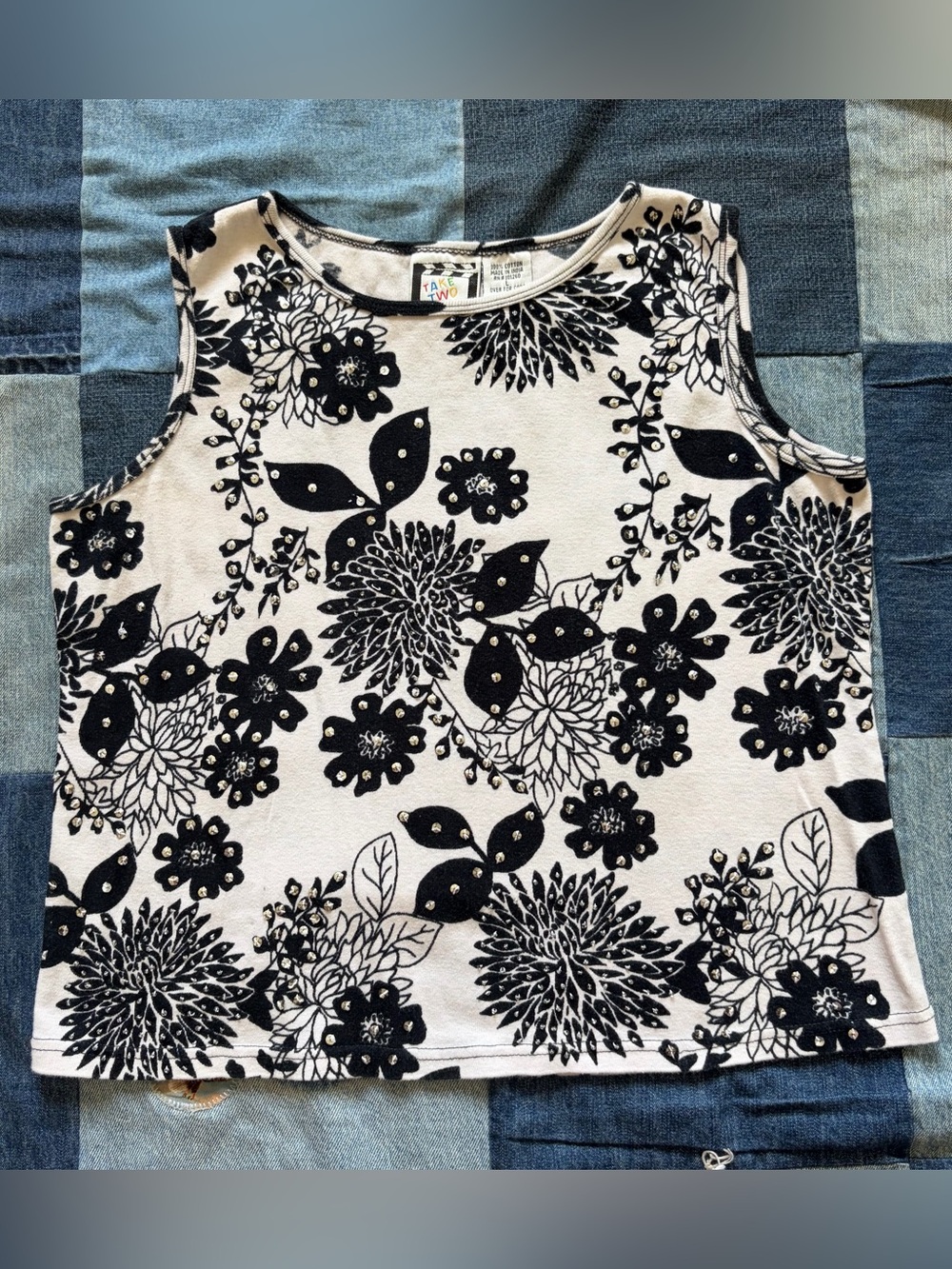 vintage take two 90s beaded sequined black white floral tank top size L